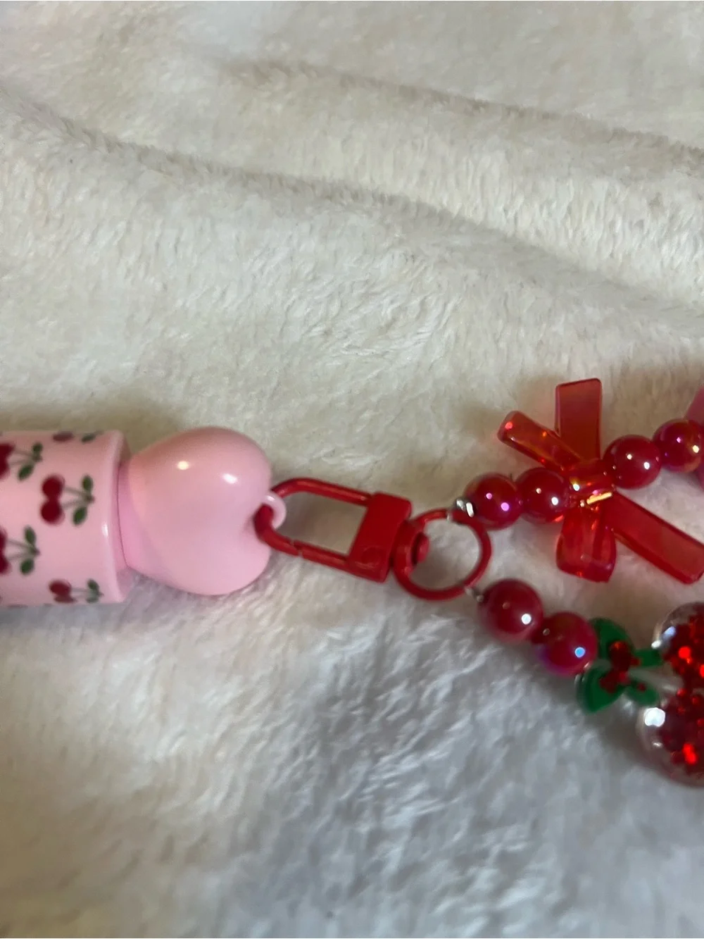 Pink Cherry Lip Gloss with Red Beaded Bag Charm